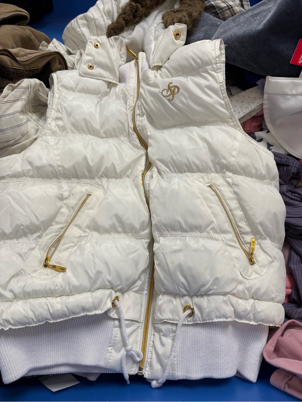 White Quilted Puffer Vest with Gold Trim